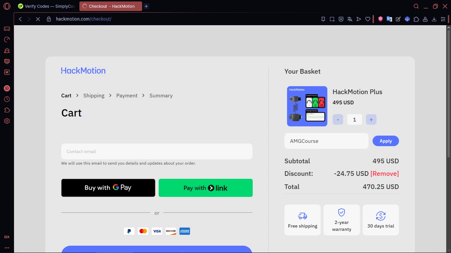 HackMotion discount code screenshot showing code AMGCourse applied at HackMotion checkout page. Uploaded by SimplyCodes community member MoneySentinel1166 on Feb 18, 2026