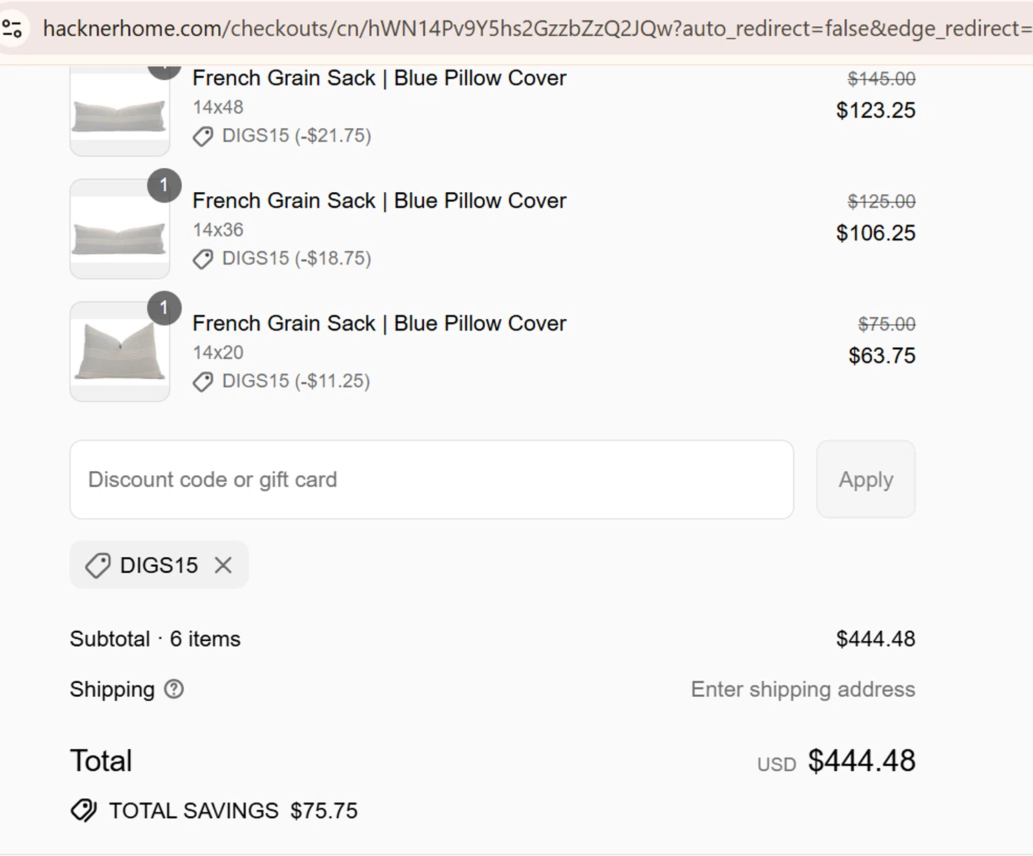 Hackner Home coupon code screenshot showing code DIGS15 applied at Hackner Home checkout page. Uploaded by SimplyCodes community member CouponSage9293 on Jul 26, 2025