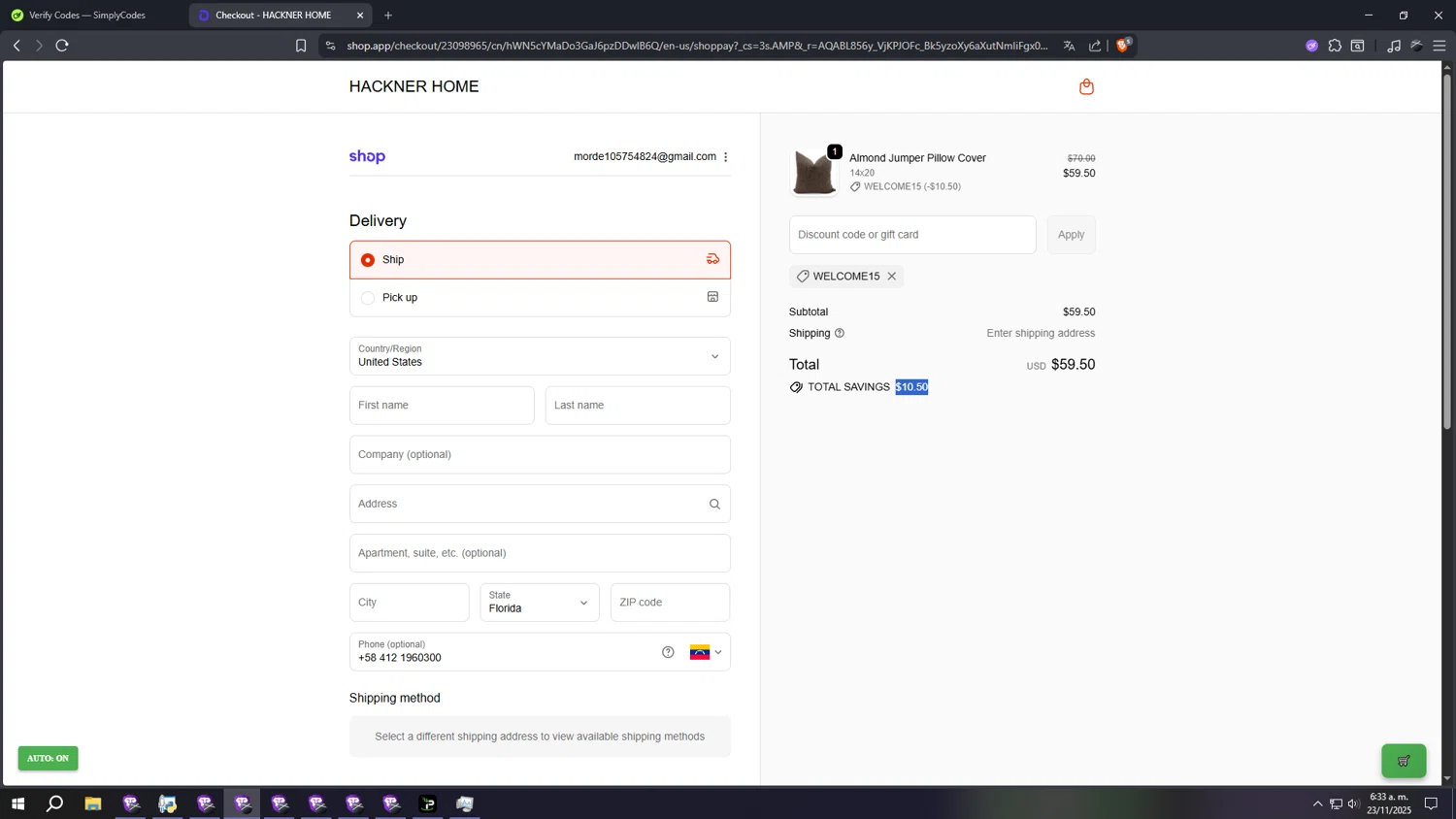Hackner Home coupon code screenshot showing code WELCOME15 applied at Hackner Home checkout page. Uploaded by SimplyCodes community member sssssssssssssssssssssssss on Nov 23, 2025