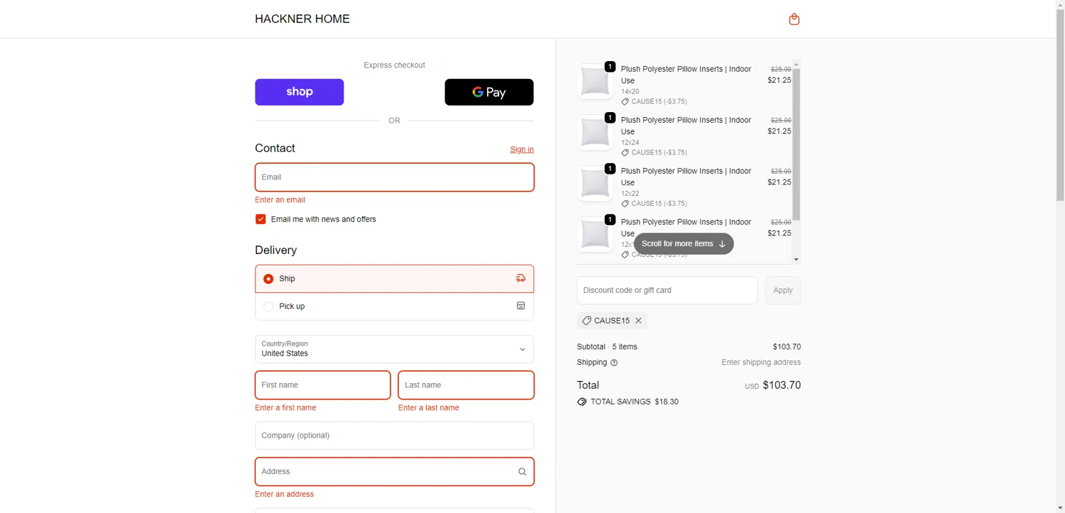 Hackner Home coupon code screenshot showing code CAUSE15 applied at Hackner Home checkout page. Uploaded by SimplyCodes community member CrownWhiz8114 on Oct 21, 2025