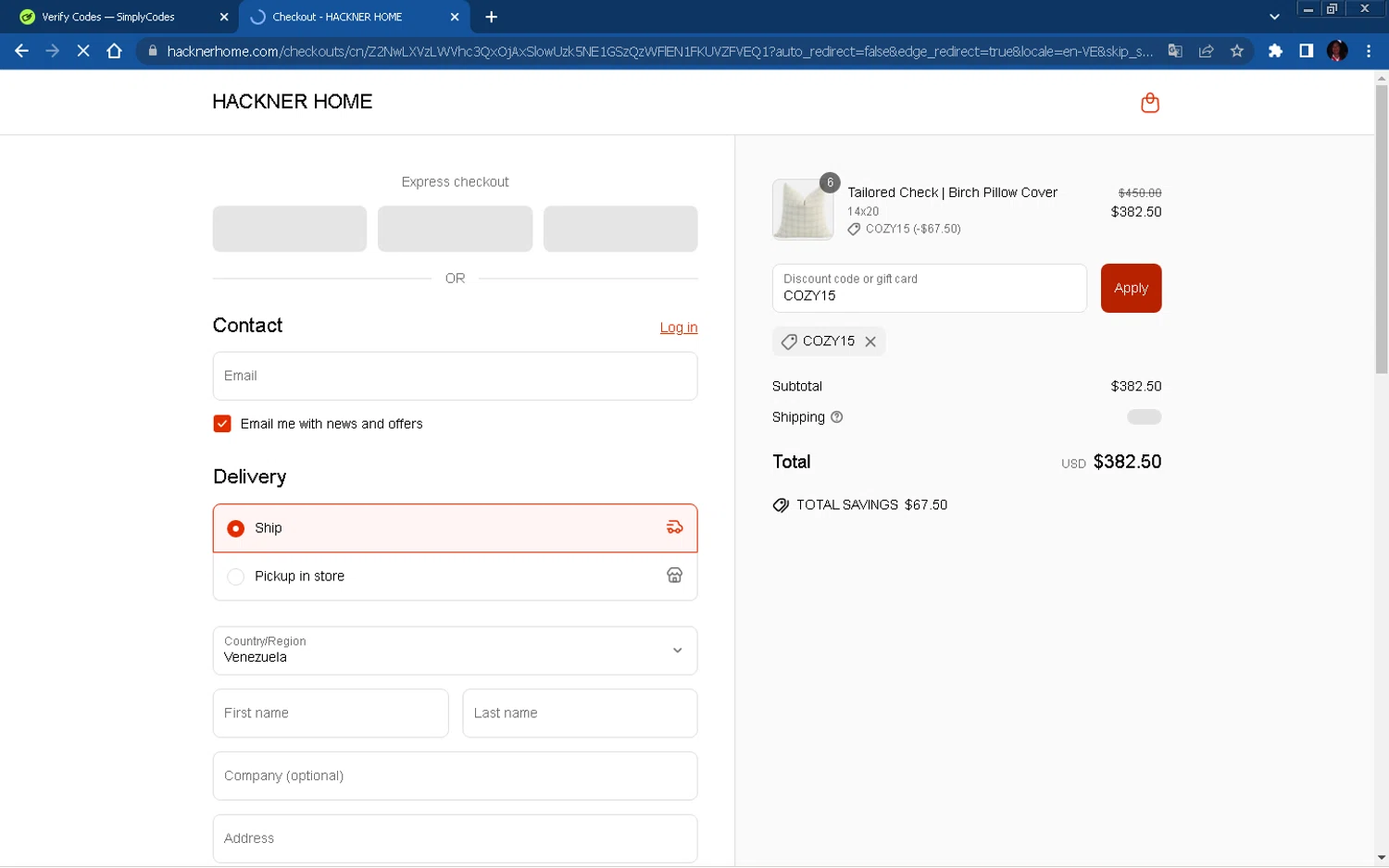 Hackner Home coupon code screenshot showing code COZY15 applied at Hackner Home checkout page. Uploaded by SimplyCodes community member Allen_Iverson on Jun 30, 2025