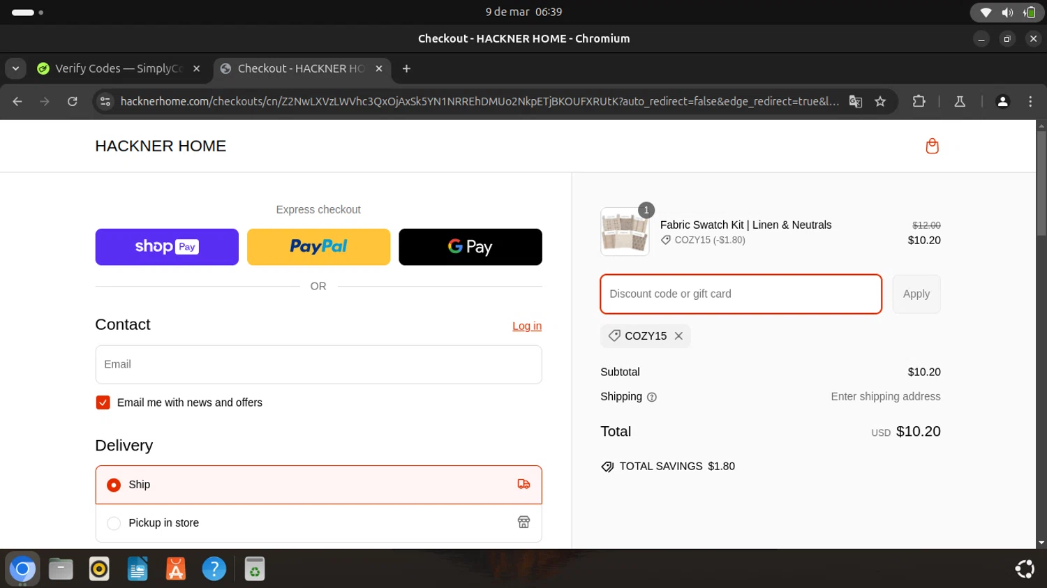 Hackner Home coupon code screenshot showing code COZY15 applied at Hackner Home checkout page. Uploaded by SimplyCodes community member pequenokalvin5 on Mar 9, 2025