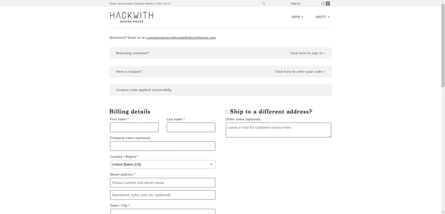 Hackwith Design House checkout page showing Hackwith Design House coupon code box | Screenshot taken by SimplyCodes community member on May 8, 2025