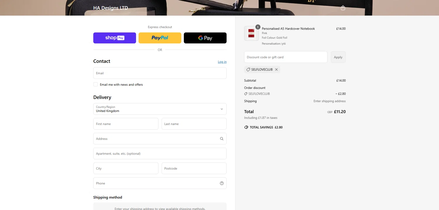 HA Designs discount code screenshot showing code Selfloveclub applied at HA Designs checkout page. Uploaded by SimplyCodes community member Dorothy on Jun 3, 2025