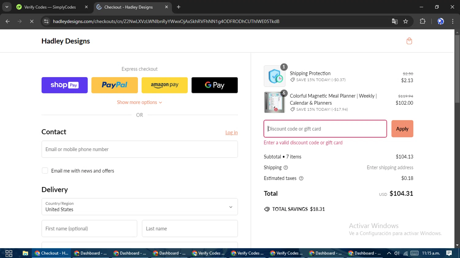 Hadley Designs discount code screenshot showing code HTCWCEY1CJ68 applied at Hadley Designs checkout page. Uploaded by SimplyCodes community member WiseHunter8213 on Jan 16, 2025