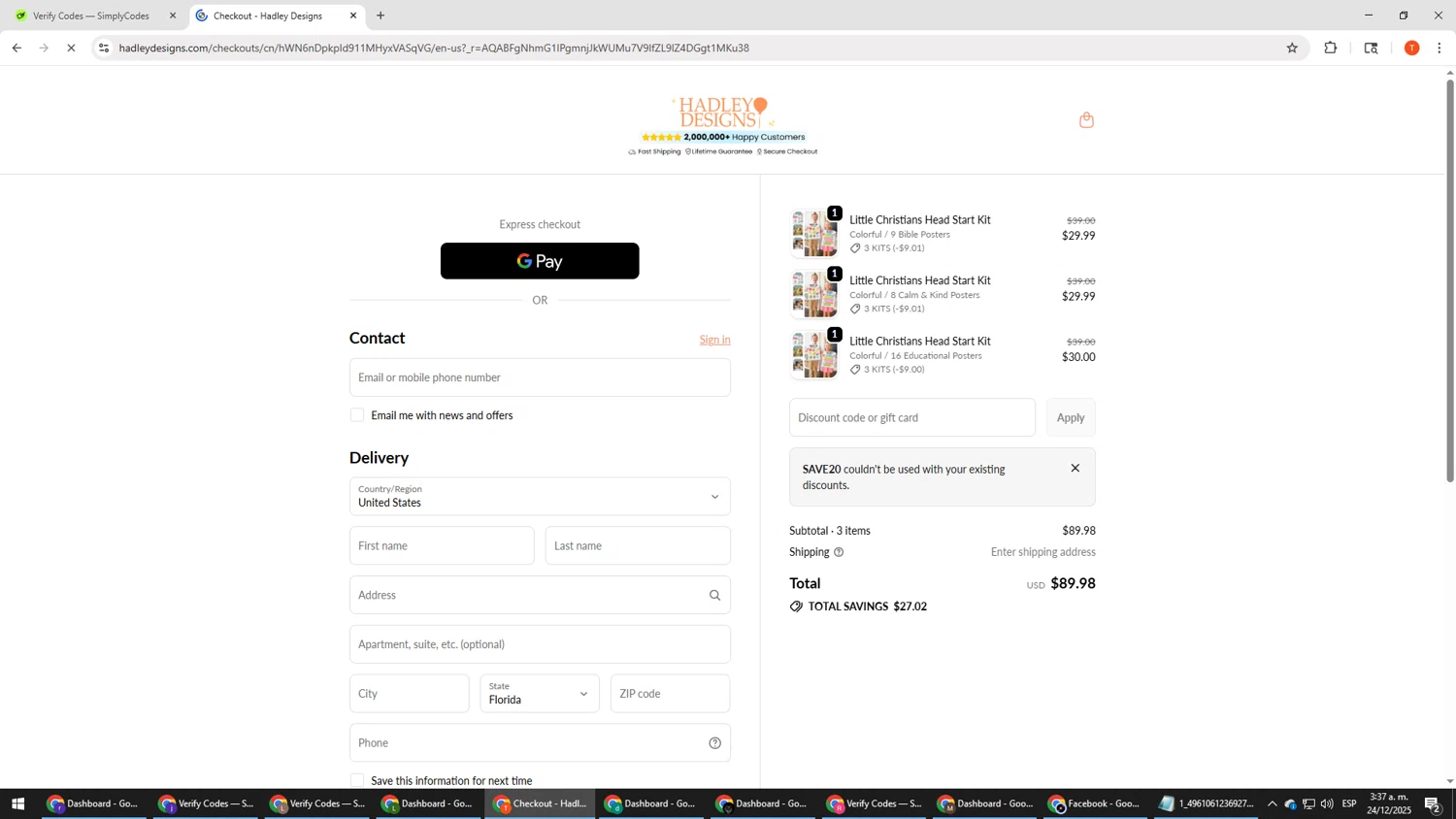 Hadley Designs discount code screenshot showing code SAVE20 applied at Hadley Designs checkout page. Uploaded by SimplyCodes community member HHHHHHH on Dec 24, 2025
