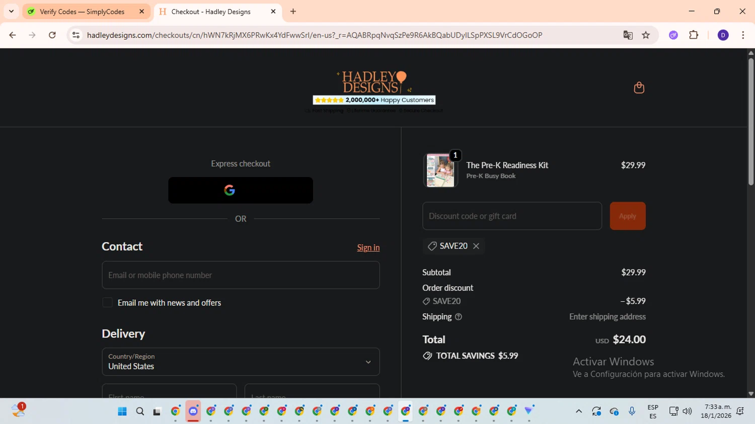 Hadley Designs checkout page showing Hadley Designs discount code box | Screenshot taken by SimplyCodes community member on Jan 18, 2026