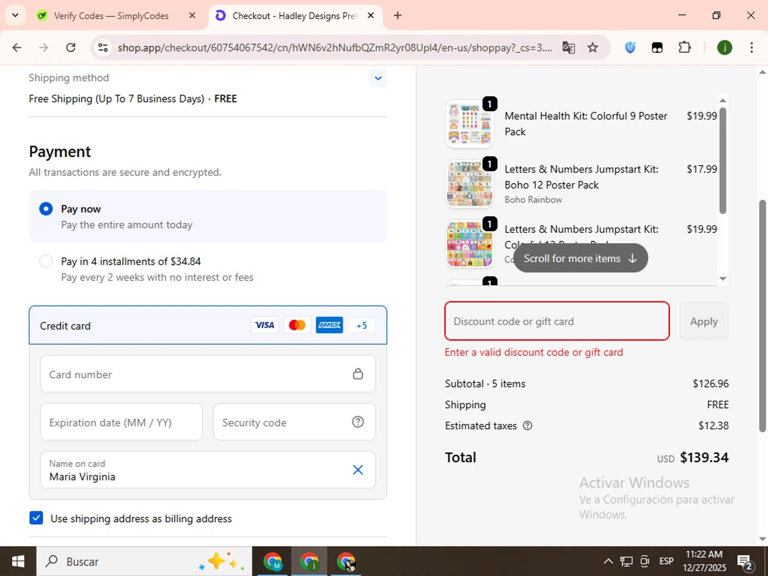 Hadley Designs discount code screenshot showing code SAVE20 applied at Hadley Designs checkout page. Uploaded by SimplyCodes community member SavingsCollector2592 on Dec 27, 2025