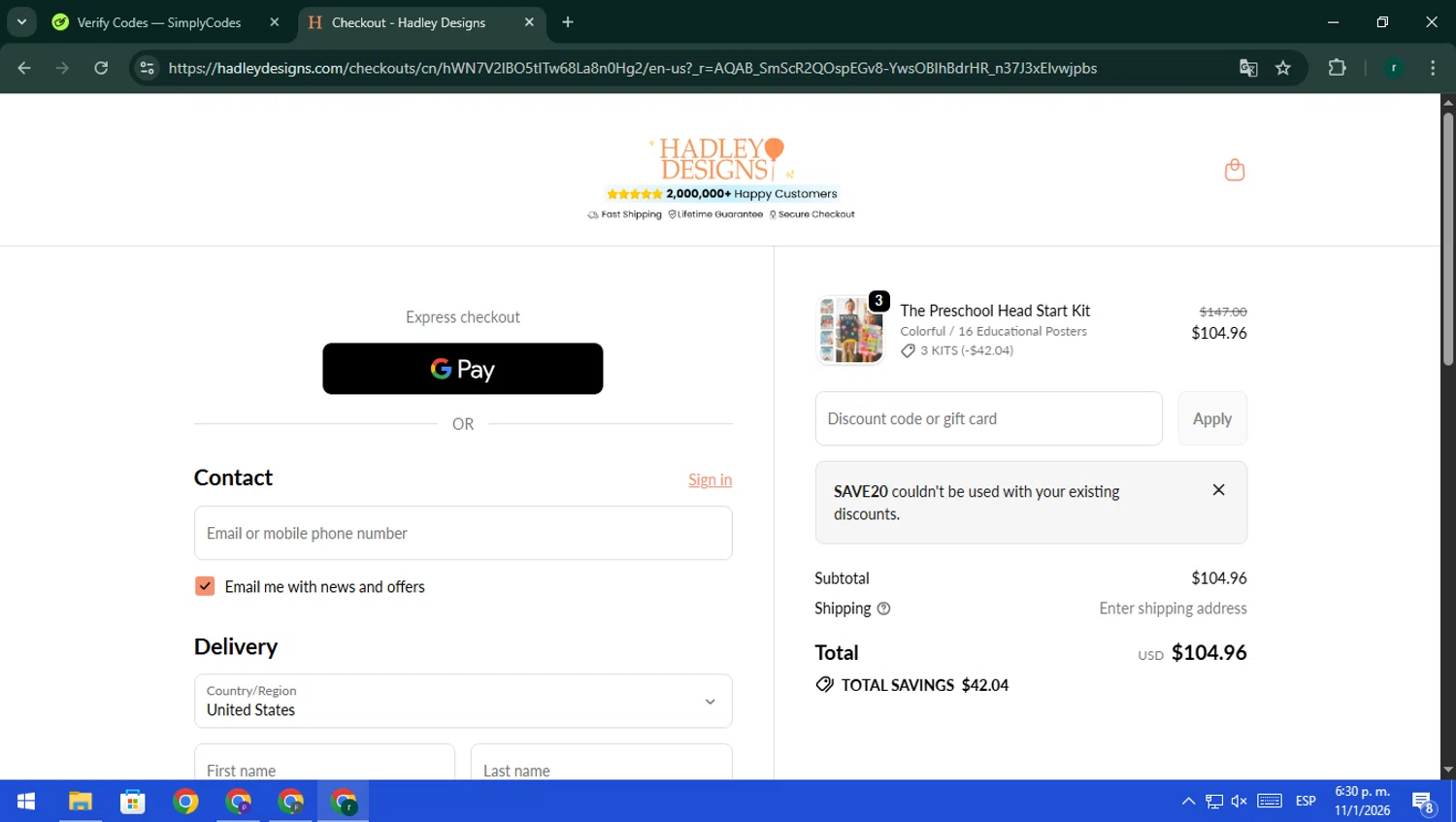 Hadley Designs discount code screenshot showing code SAVE20 applied at Hadley Designs checkout page. Uploaded by SimplyCodes community member rodri1 on Jan 11, 2026