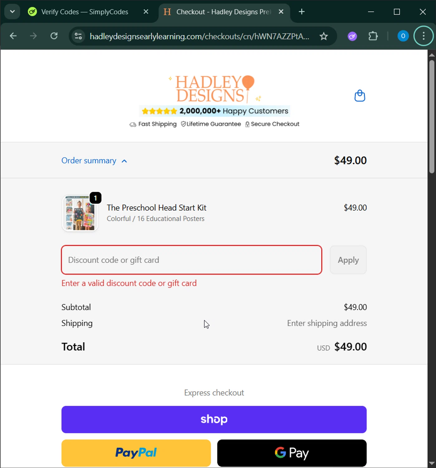 Hadley Designs discount code screenshot showing code FLASH applied at Hadley Designs checkout page. Uploaded by SimplyCodes community member GoldChaser6627 on Jan 3, 2026