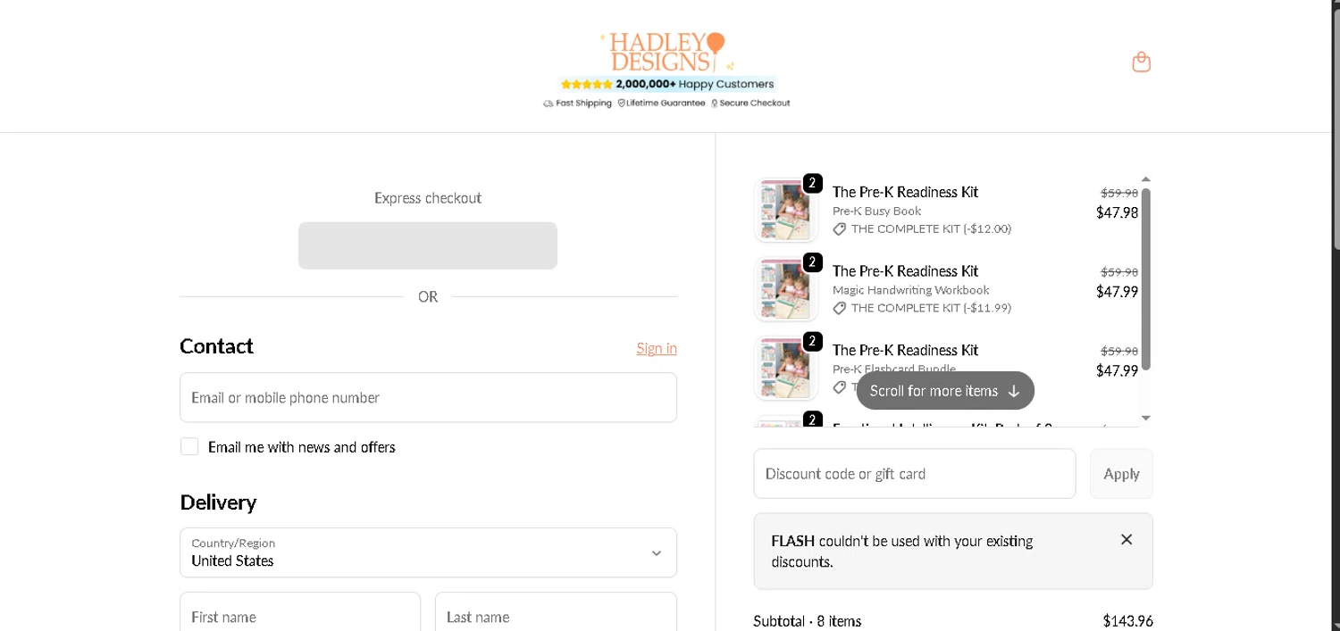 Hadley Designs discount code screenshot showing code FLASH applied at Hadley Designs checkout page. Uploaded by SimplyCodes community member ValiantMaverick169 on Dec 24, 2025
