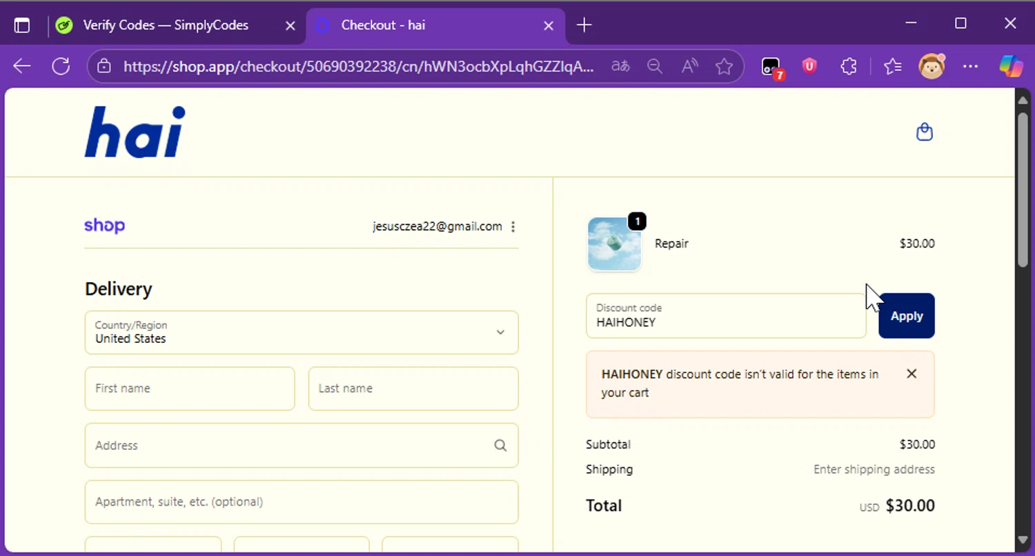 Hai promo code screenshot showing code HAIHONEY applied at Hai checkout page. Uploaded by SimplyCodes community member Raibelys_18 on Oct 6, 2025