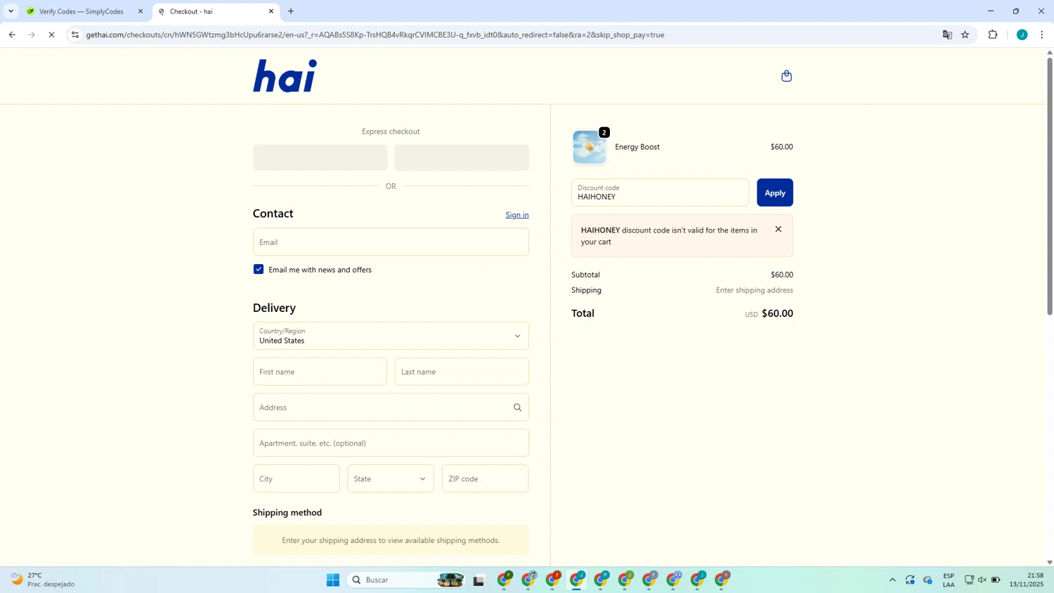 Hai promo code screenshot showing code HAIHONEY applied at Hai checkout page. Uploaded by SimplyCodes community member collug_2_0 on Nov 14, 2025