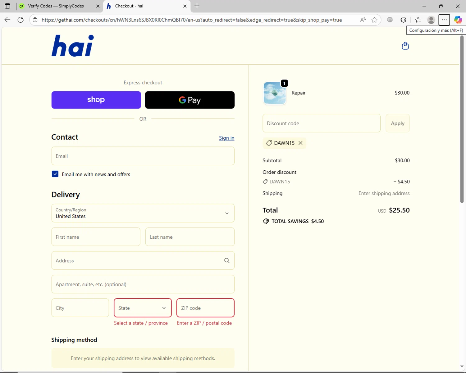 Hai promo code screenshot showing code DAWN15 applied at Hai checkout page. Uploaded by SimplyCodes community member jhoanDepp on Sep 24, 2025