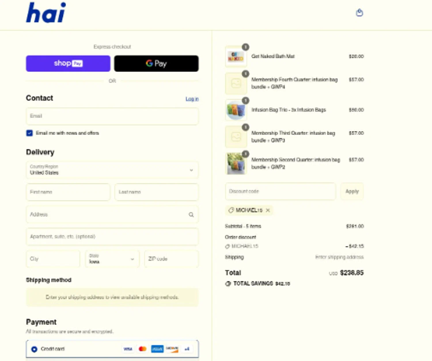 Hai promo code screenshot showing code MICHAEL15 applied at Hai checkout page. Uploaded by SimplyCodes community member La_Cara_Mia on Jul 27, 2025