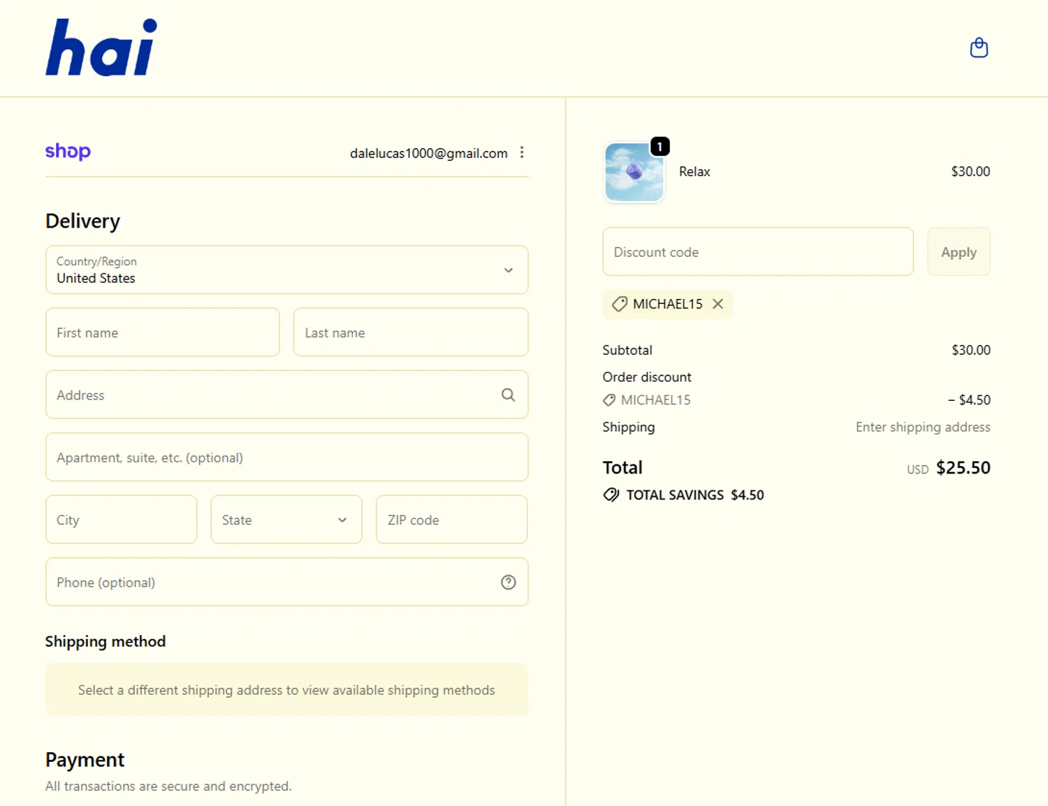 Hai promo code screenshot showing code MICHAEL15 applied at Hai checkout page. Uploaded by SimplyCodes community member LaCebolla on Dec 27, 2025