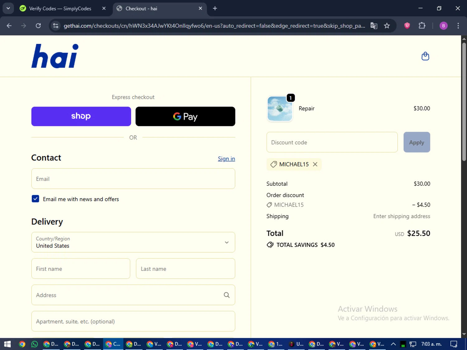 Hai promo code screenshot showing code MICHAEL15 applied at Hai checkout page. Uploaded by SimplyCodes community member travisscott on Oct 10, 2025