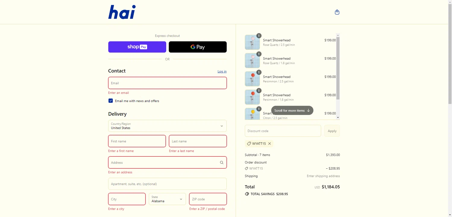 Hai promo code screenshot showing code WYATT15 applied at Hai checkout page. Uploaded by SimplyCodes community member ScanRanger3503 on Jul 14, 2025