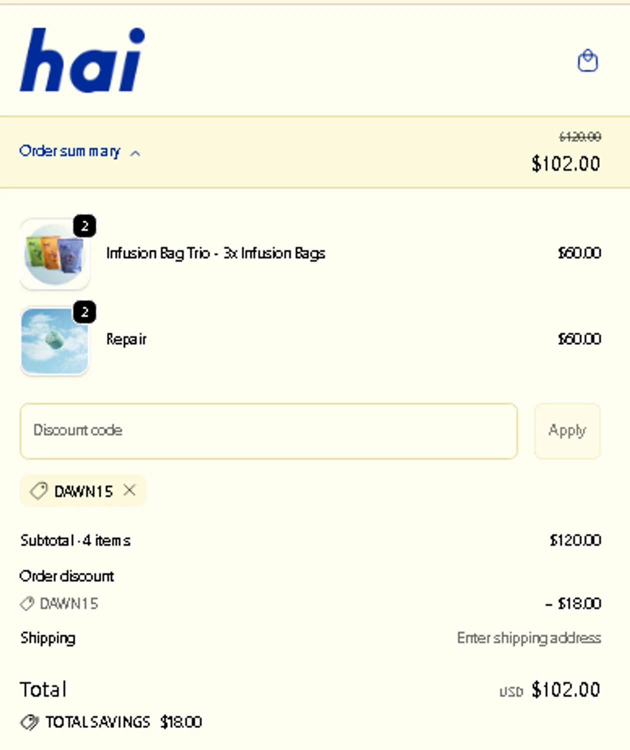 Hai promo code screenshot showing code dawn15 applied at Hai checkout page. Uploaded by SimplyCodes community member AMANDA2681 on Sep 21, 2025