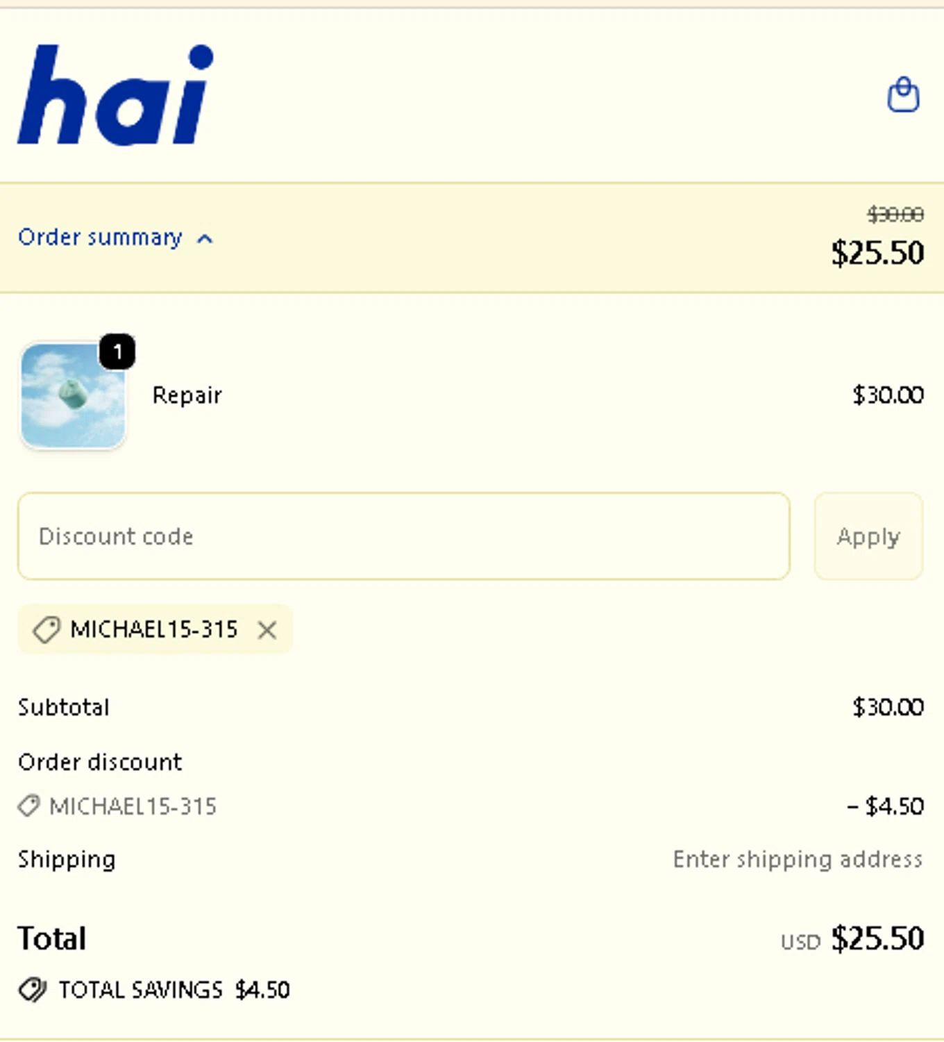 Hai promo code screenshot showing code MICHAEL15-315 applied at Hai checkout page. Uploaded by SimplyCodes community member AMANDA2681 on Sep 21, 2025