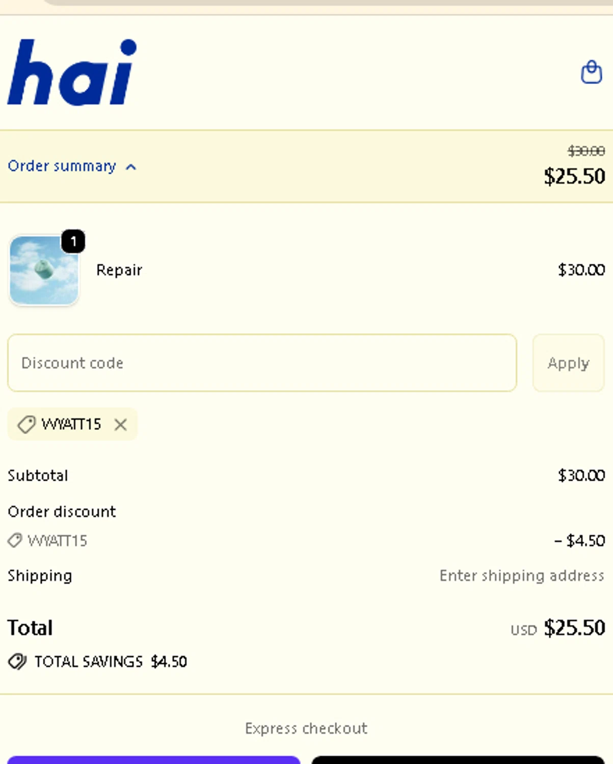 Hai promo code screenshot showing code WYATT15 applied at Hai checkout page. Uploaded by SimplyCodes community member AMANDA2681 on Sep 21, 2025