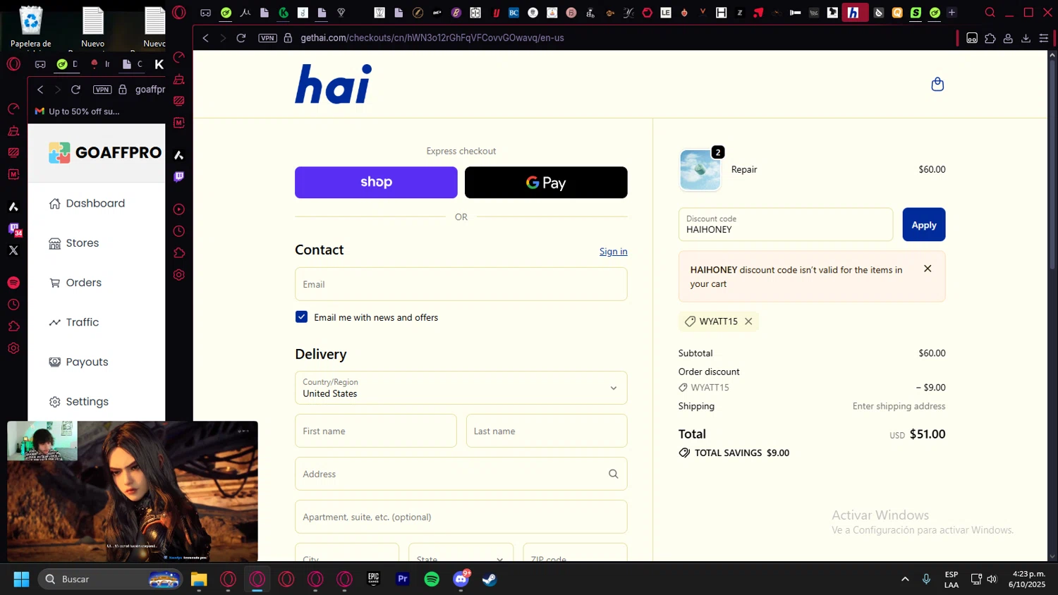 Hai promo code screenshot showing code HAIHONEY applied at Hai checkout page. Uploaded by SimplyCodes community member leonardocamacho2 on Oct 6, 2025