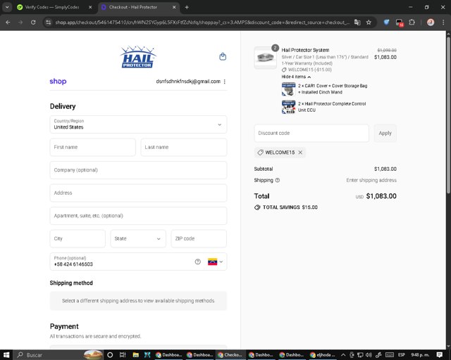 Hail Protector checkout page showing Hail Protector discount code box | Screenshot taken by SimplyCodes community member on Sep 1, 2025