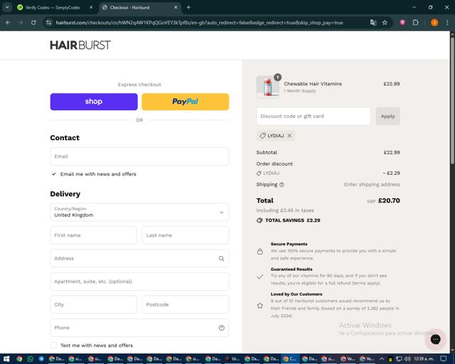 Hairburst checkout page showing Hairburst discount code box | Screenshot taken by SimplyCodes community member on Sep 11, 2025