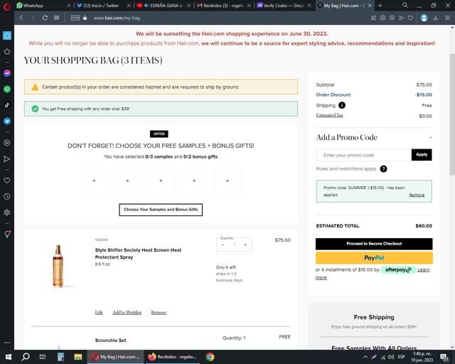 Hair.com checkout page showing Hair.com promo code box | Screenshot taken by SimplyCodes community member on Jun 19, 2023
