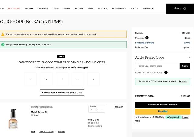 Hair.com checkout page showing Hair.com promo code box | Screenshot taken by SimplyCodes community member on Feb 12, 2023