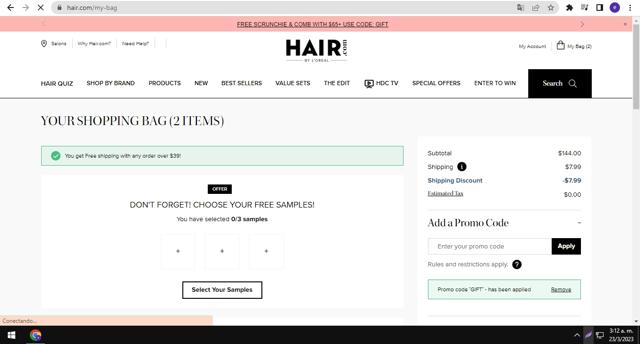 Hair.com checkout page showing Hair.com promo code box | Screenshot taken by SimplyCodes community member on Mar 23, 2023