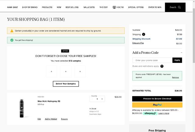 Hair.com checkout page showing Hair.com promo code box | Screenshot taken by SimplyCodes community member on Mar 24, 2023