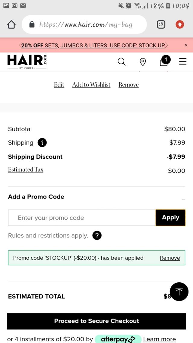 Hair.com checkout page showing Hair.com promo code box | Screenshot taken by SimplyCodes community member on Mar 26, 2023