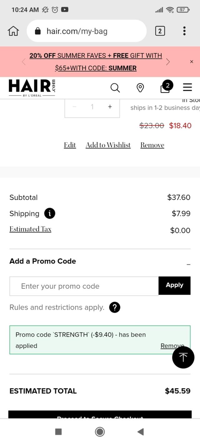 Hair.com checkout page showing Hair.com promo code box | Screenshot taken by SimplyCodes community member on Jun 23, 2023