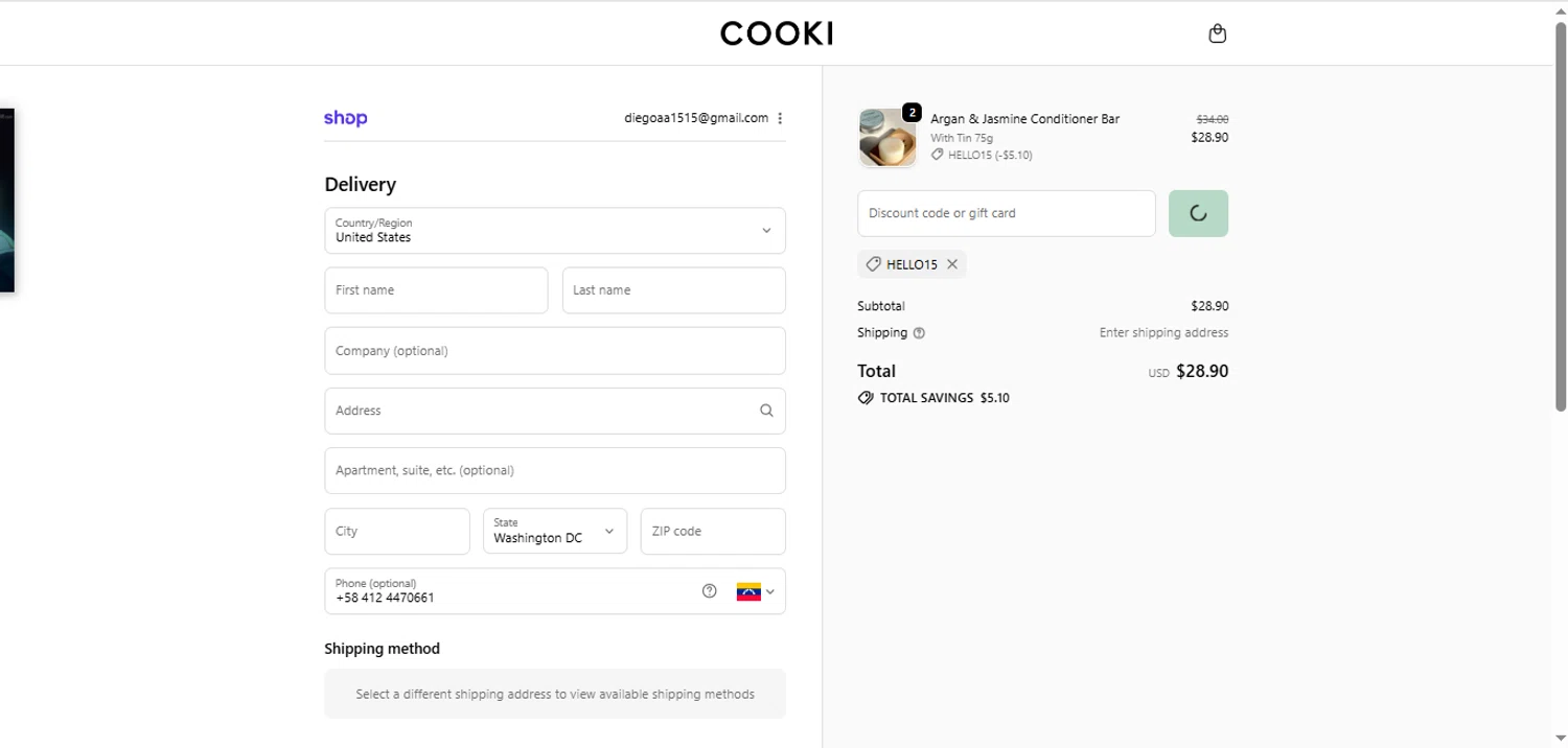 Hair Cooki promo code screenshot showing code HELLO15 applied at Hair Cooki checkout page. Uploaded by SimplyCodes community member BargainShopper1384 on Oct 19, 2025