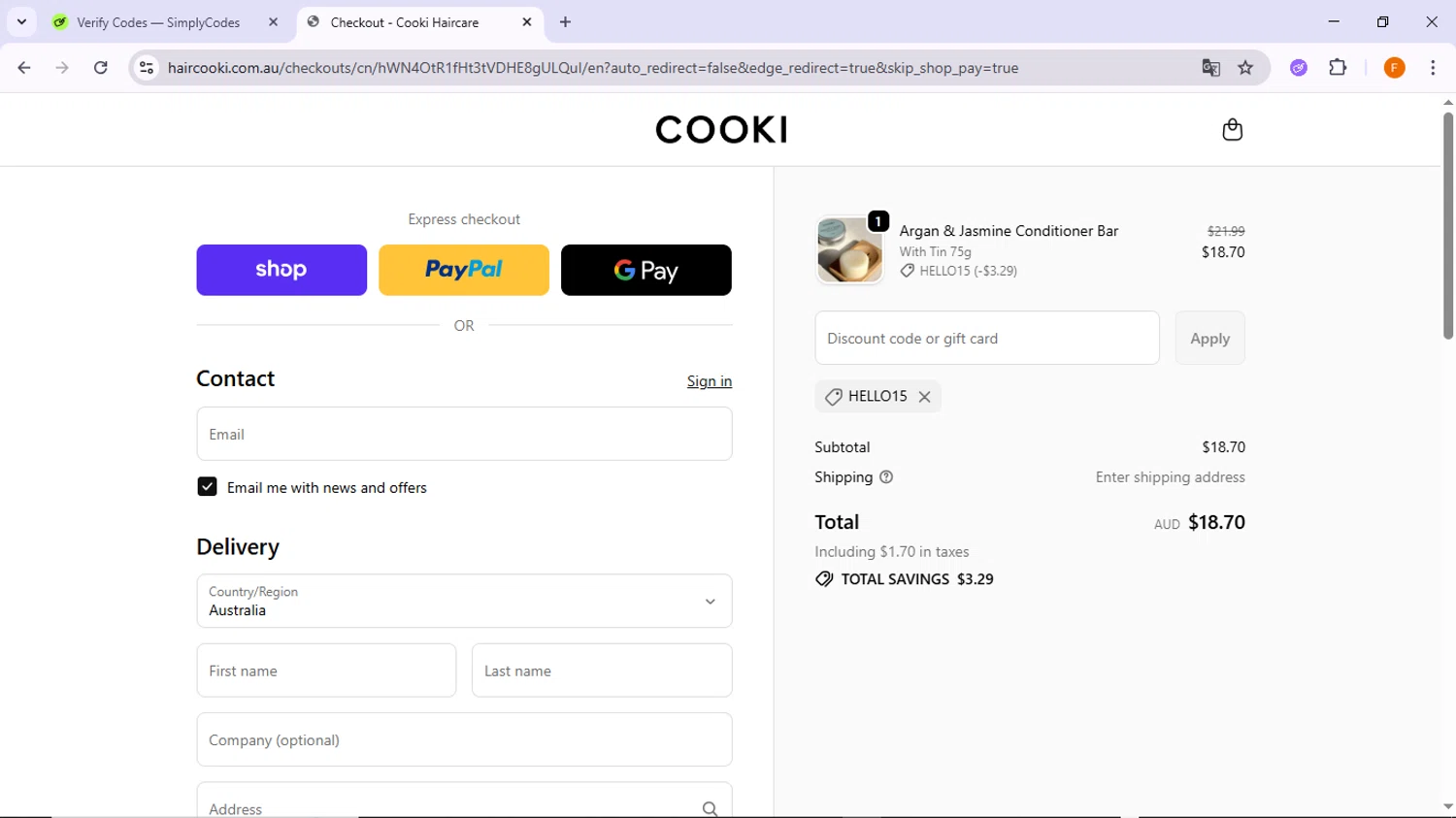 Hair Cooki promo code screenshot showing code HELLO15 applied at Hair Cooki checkout page. Uploaded by SimplyCodes community member TreasureSleuth5198 on Oct 22, 2025