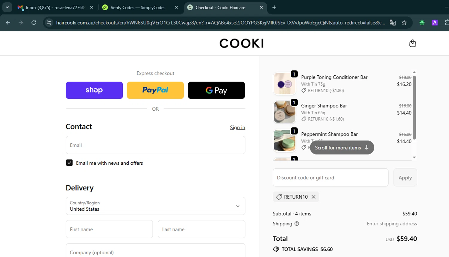 Hair Cooki promo code screenshot showing code RETURN10 applied at Hair Cooki checkout page. Uploaded by SimplyCodes community member VoucherHero6322 on Dec 15, 2025