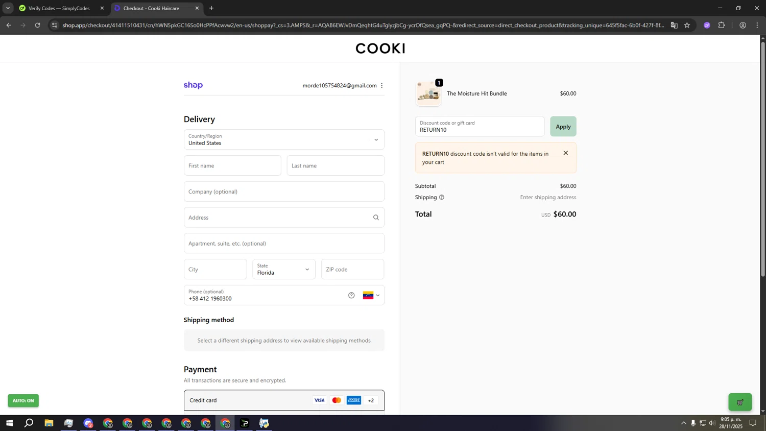 Hair Cooki promo code screenshot showing code RETURN10 applied at Hair Cooki checkout page. Uploaded by SimplyCodes community member rrrrrrrrrrrrrrrrrrrrrrrrr on Nov 29, 2025