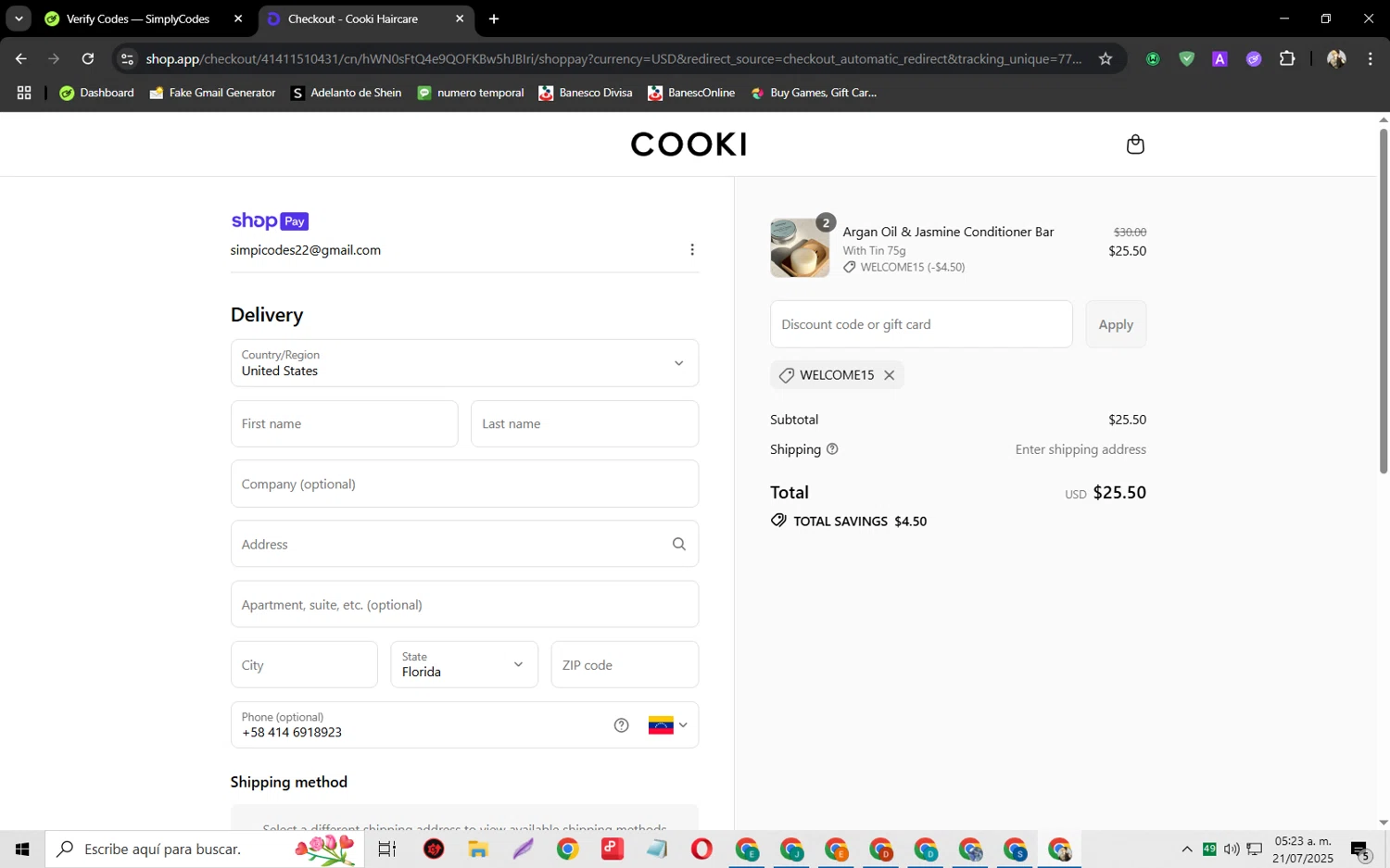 Hair Cooki promo code screenshot showing code WELCOME15 applied at Hair Cooki checkout page. Uploaded by SimplyCodes community member jeysosmoore on Jul 21, 2025