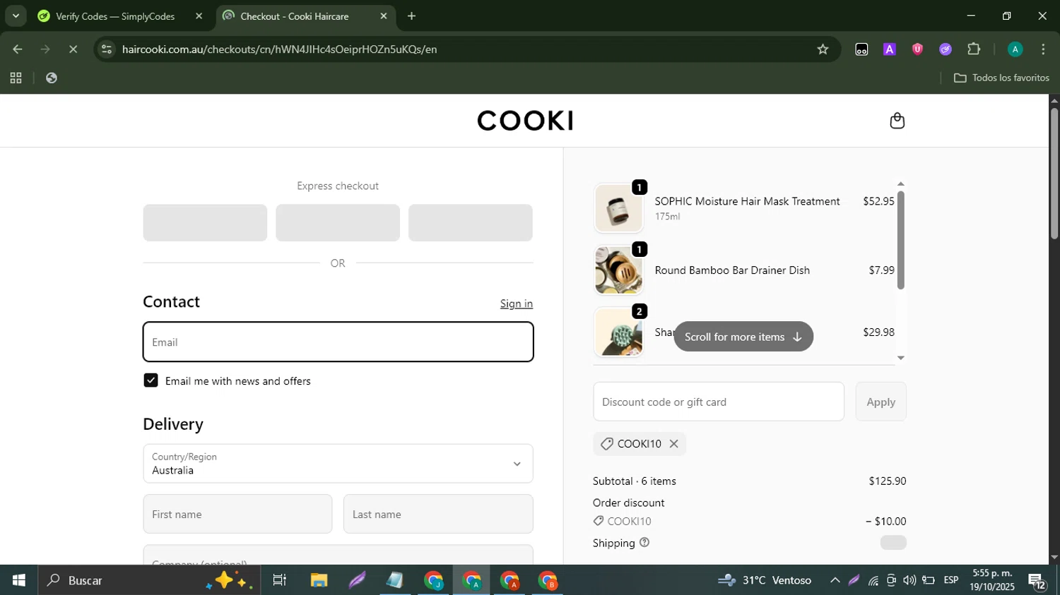 Hair Cooki promo code screenshot showing code COOKI10 applied at Hair Cooki checkout page. Uploaded by SimplyCodes community member ThriftyMaverick3223 on Oct 19, 2025
