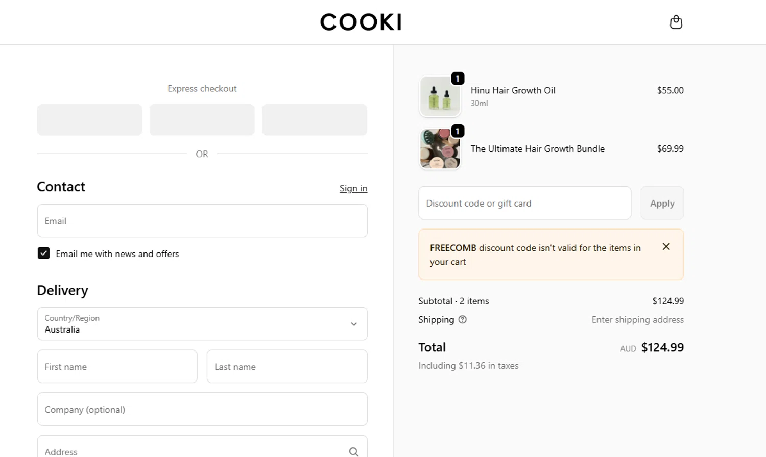 Hair Cooki checkout page showing Hair Cooki promo code box | Screenshot taken by SimplyCodes community member on Dec 22, 2025