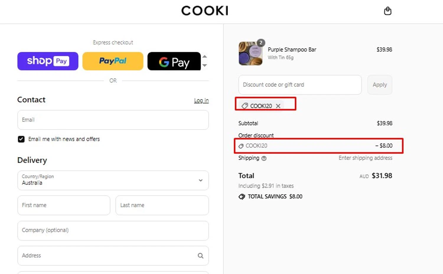 Hair Cooki promo code screenshot showing code COOKI20 applied at Hair Cooki checkout page. Uploaded by SimplyCodes community member adriangonzlez on Jul 21, 2025