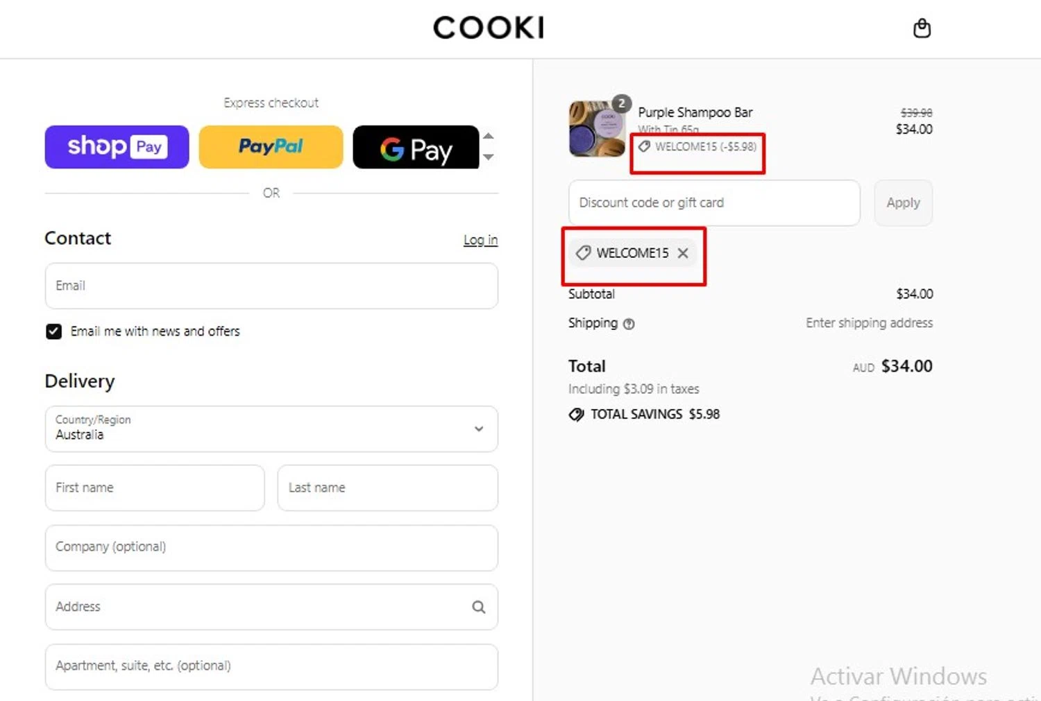 Hair Cooki promo code screenshot showing code WELCOME15 applied at Hair Cooki checkout page. Uploaded by SimplyCodes community member adriangonzlez on Jul 21, 2025