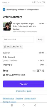 WELCOME181 coupon verification screenshot
