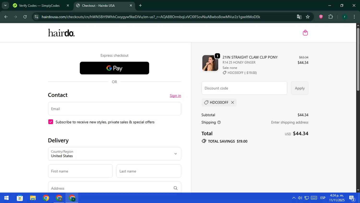 Hairdo USA promo code screenshot showing code HDO30OFF applied at Hairdo USA checkout page. Uploaded by SimplyCodes community member rodri1 on Nov 11, 2025