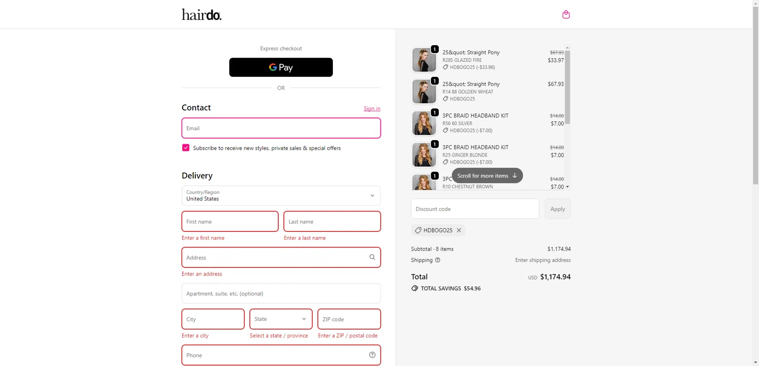 Hairdo USA promo code screenshot showing code HDBOGO25 applied at Hairdo USA checkout page. Uploaded by SimplyCodes community member BrilliantRanger9984 on Nov 27, 2025