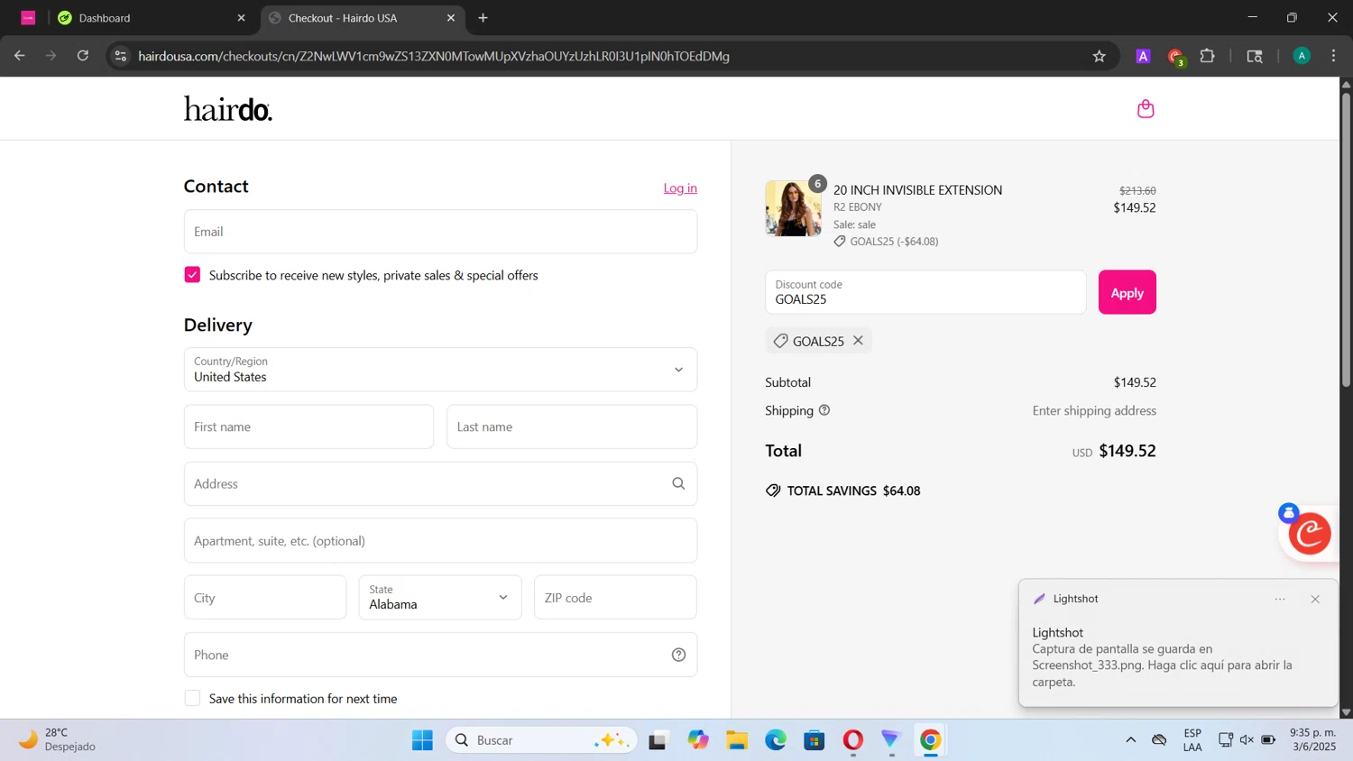 Hairdo USA promo code screenshot showing code GOALS25 applied at Hairdo USA checkout page. Uploaded by SimplyCodes community member CouponSentinel181 on Jun 4, 2025