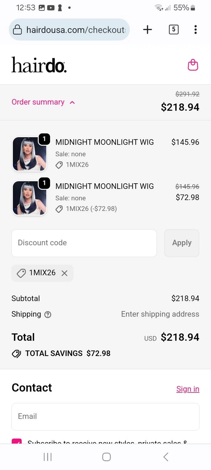 Hairdo USA promo code screenshot showing code 1MIX26 applied at Hairdo USA checkout page. Uploaded by SimplyCodes community member ScanMaverick9378 on Jan 8, 2026