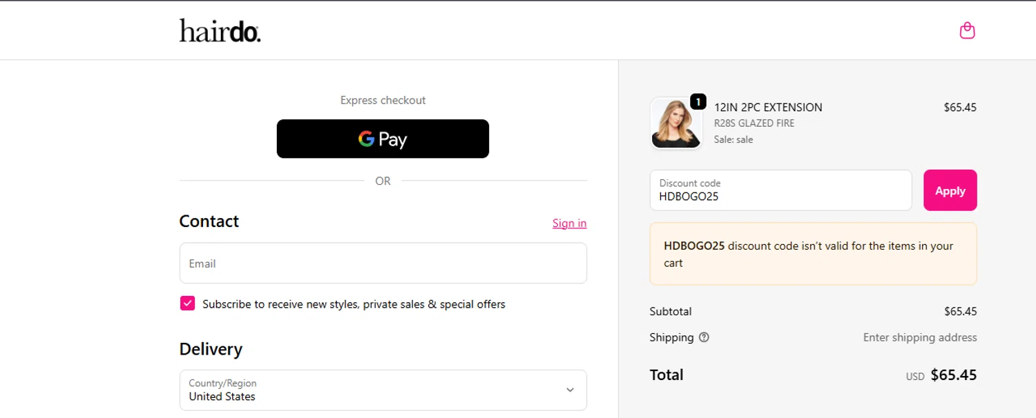 Hairdo USA promo code screenshot showing code HDBOGO25 applied at Hairdo USA checkout page. Uploaded by SimplyCodes community member ashe1986 on Sep 18, 2025