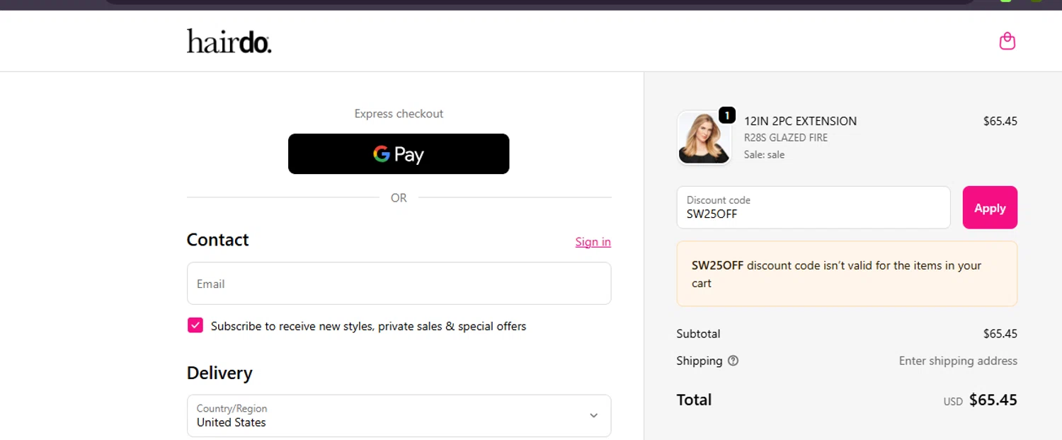 Hairdo USA promo code screenshot showing code SW25OFF applied at Hairdo USA checkout page. Uploaded by SimplyCodes community member ashe1986 on Sep 18, 2025